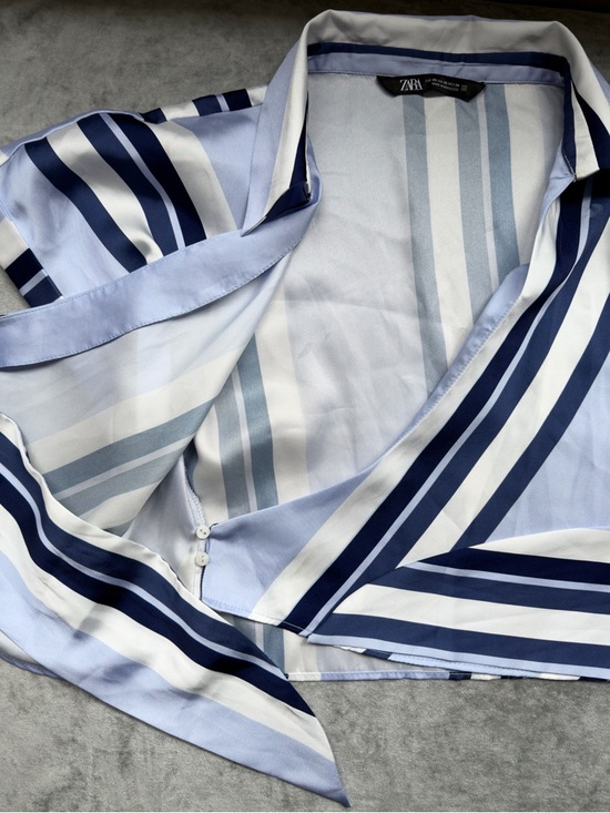 ZARA Blue & White Striped Tie Front Blouse | Satin Silky Wrap Top | Coastal | XS - Picture 6 of 8